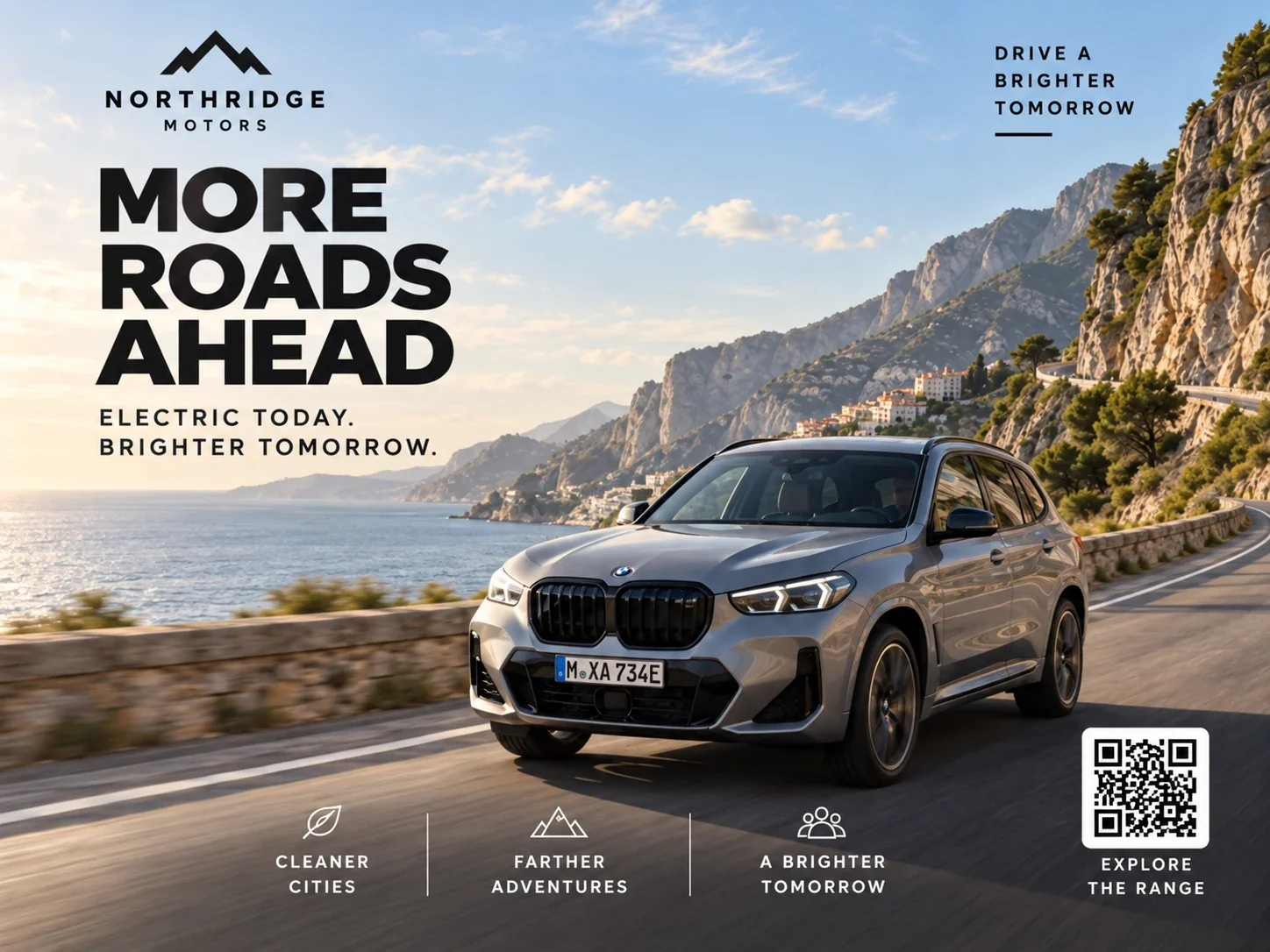 Werbelayout für ein Auto: Fotografie mit ergänzter Headline, Branding, Icons und QR-Code als Design-Ebenen