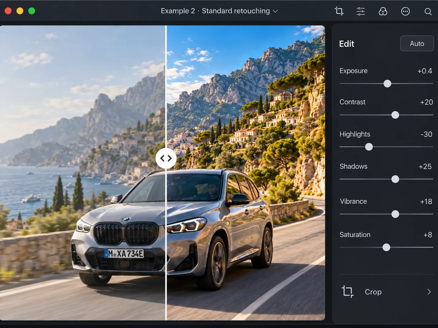 Bildbearbeitungsprogramm mit Vorher-nachher-Ansicht einer Standardretusche eines echten Autofotos