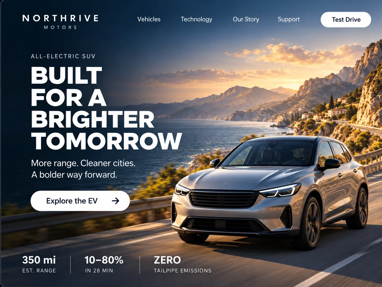Mockup einer Werbe-Website für einen Elektro-SUV mit einer von KI neu gerenderten Szene