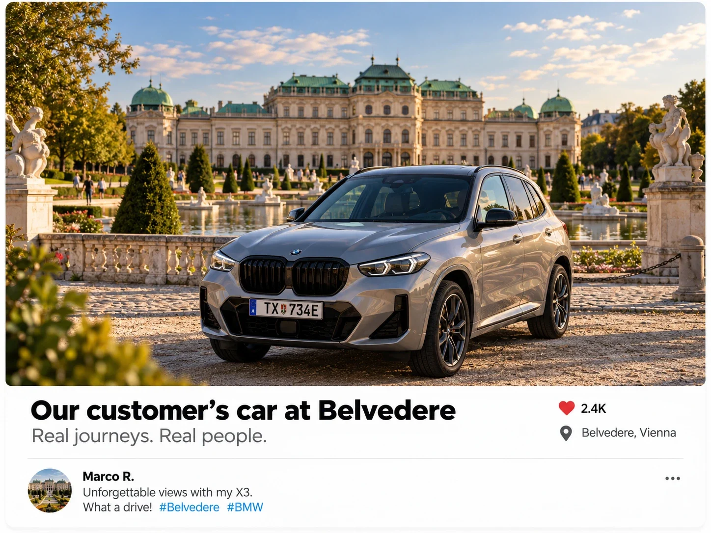 Synthetisches Autobild, präsentiert als echter Kundenbeitrag beim Belvedere