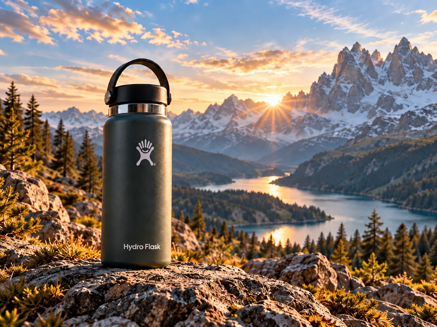 Hydro-Flask-Flasche vor einem synthetischen Hintergrund mit Bergsee