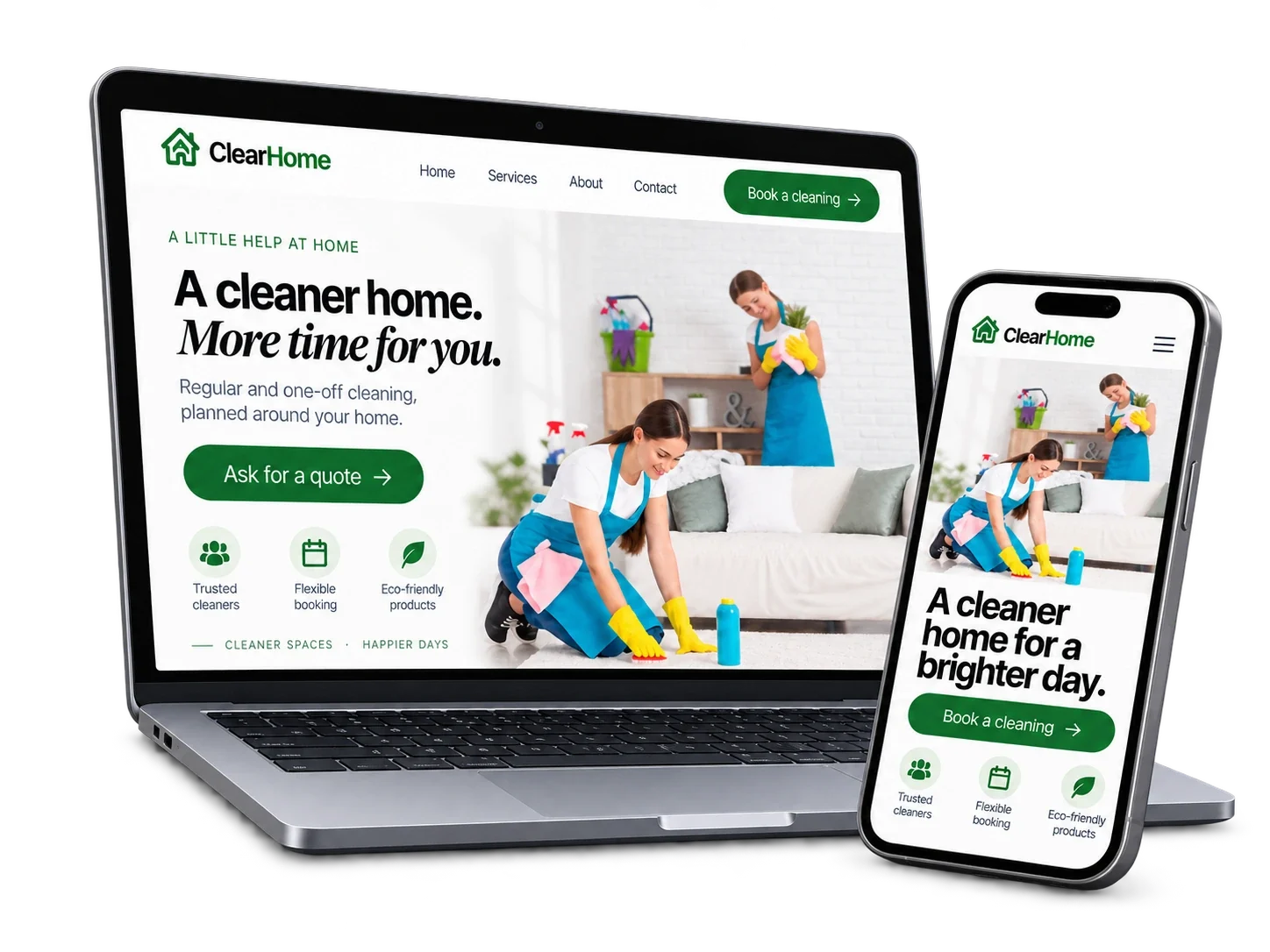 Laptop- und Smartphone-Mockup einer Website für eine Reinigungsfirma mit einer KI-generierten Mitarbeiterin in der Oberfläche