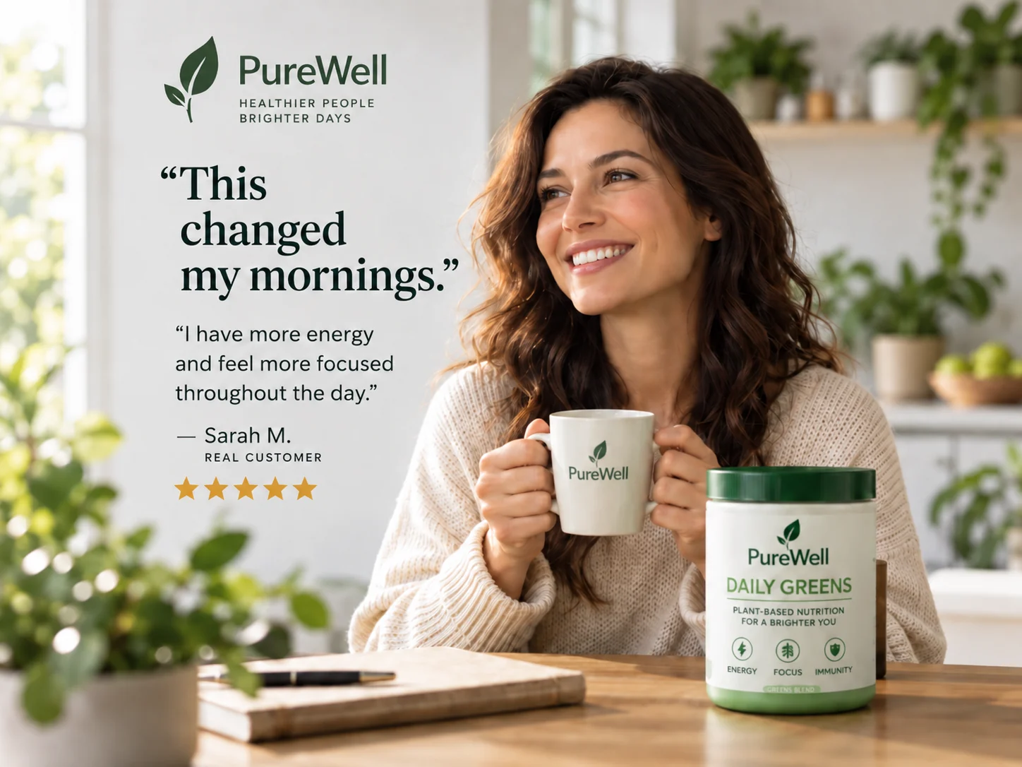 Synthetisches PureWell-Kundentestimonial, präsentiert als echte Kundenempfehlung