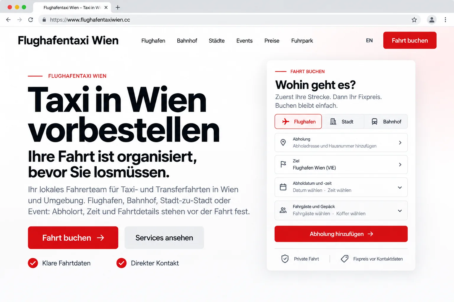 The airport-transfer website: headline “Taxi in Wien vorbestellen” next to a booking form on the homepage