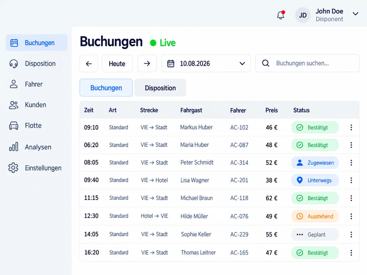 Beispiel eines Disponenten-Dashboards zur Verwaltung von Flughafentaxi-Buchungen